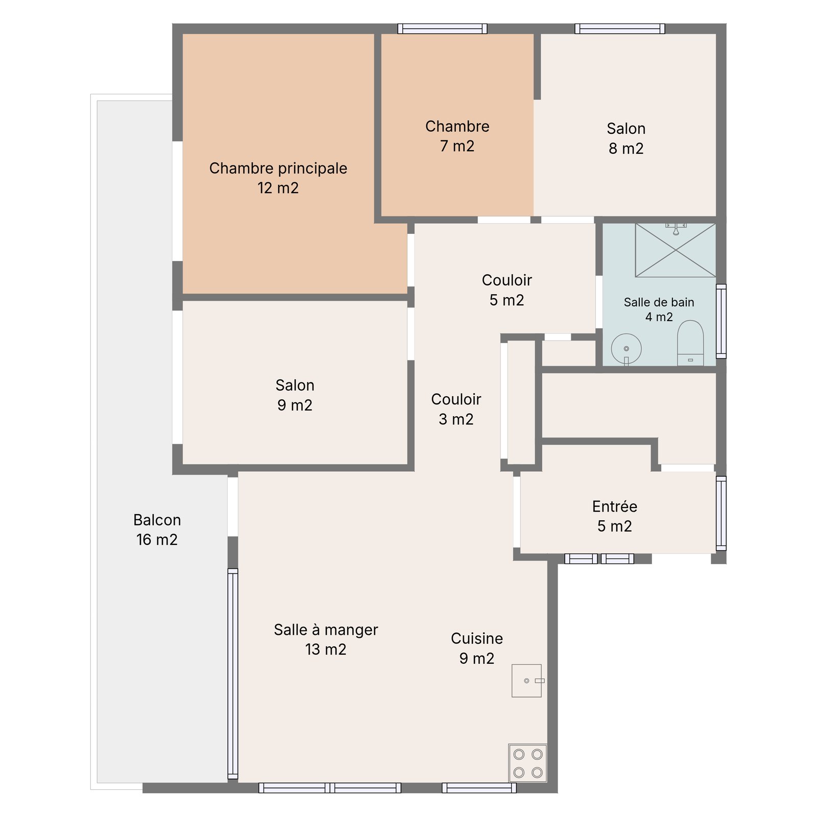 Plan du 1er étage : séjour-salle à manger, cuisine, salon, trois chambres, salle de douche, entrée et balcon.