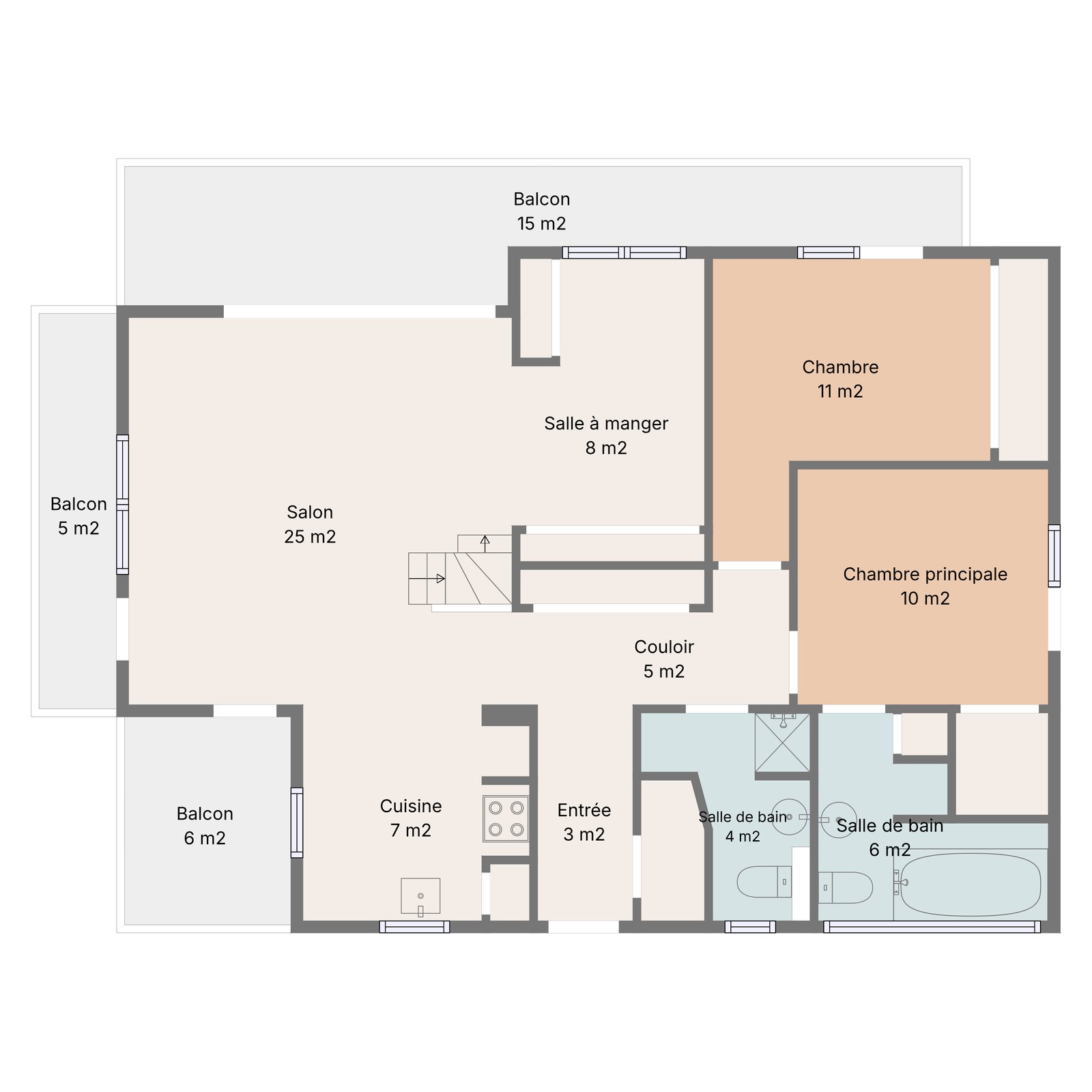 Plan du 2e étage : séjour, salle à manger, cuisine, deux chambres, deux salles d'eau, entrée et trois balcons.