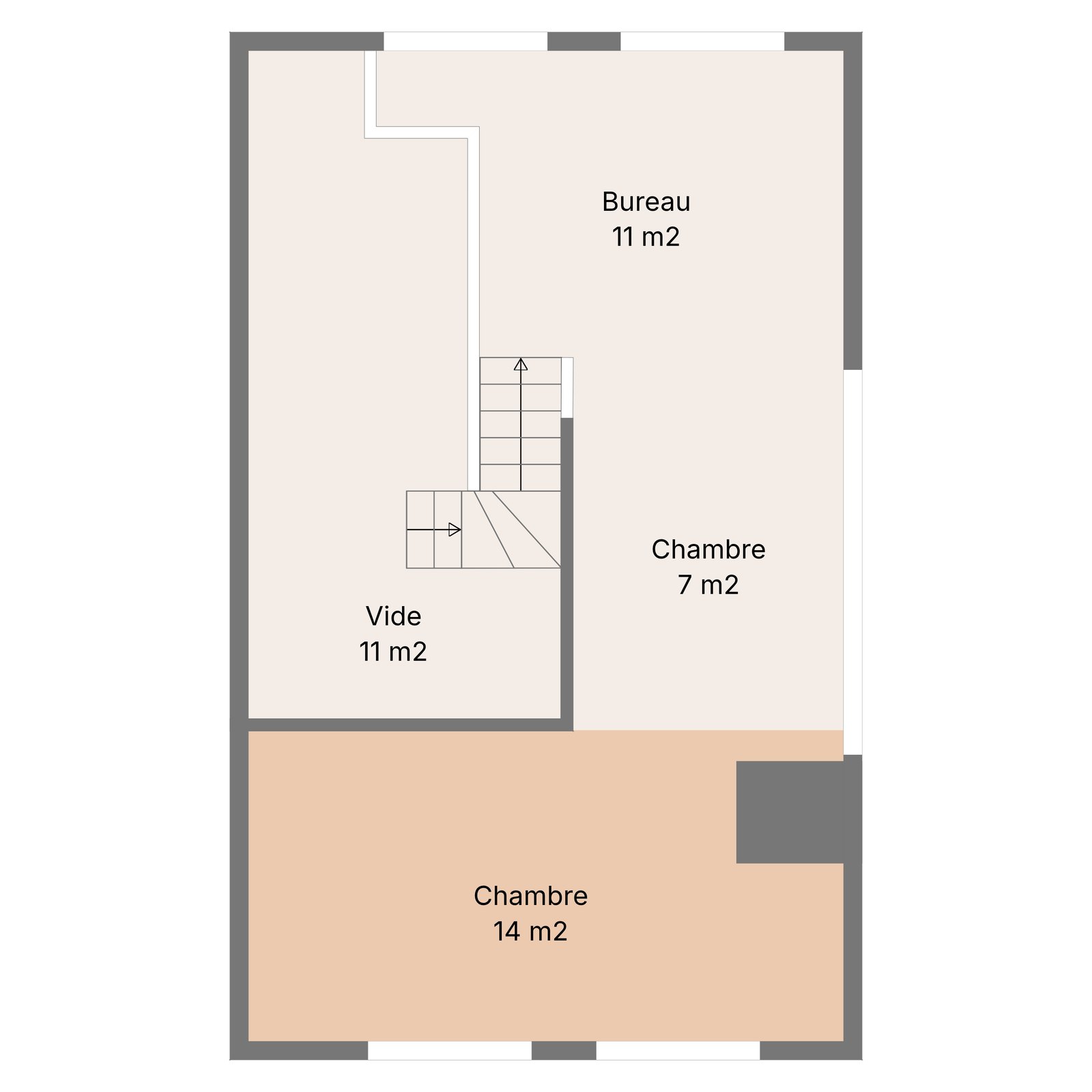 Plan de la galerie sous le toit : chambre, bureau, chambre d'appoint et vide sur le séjour.