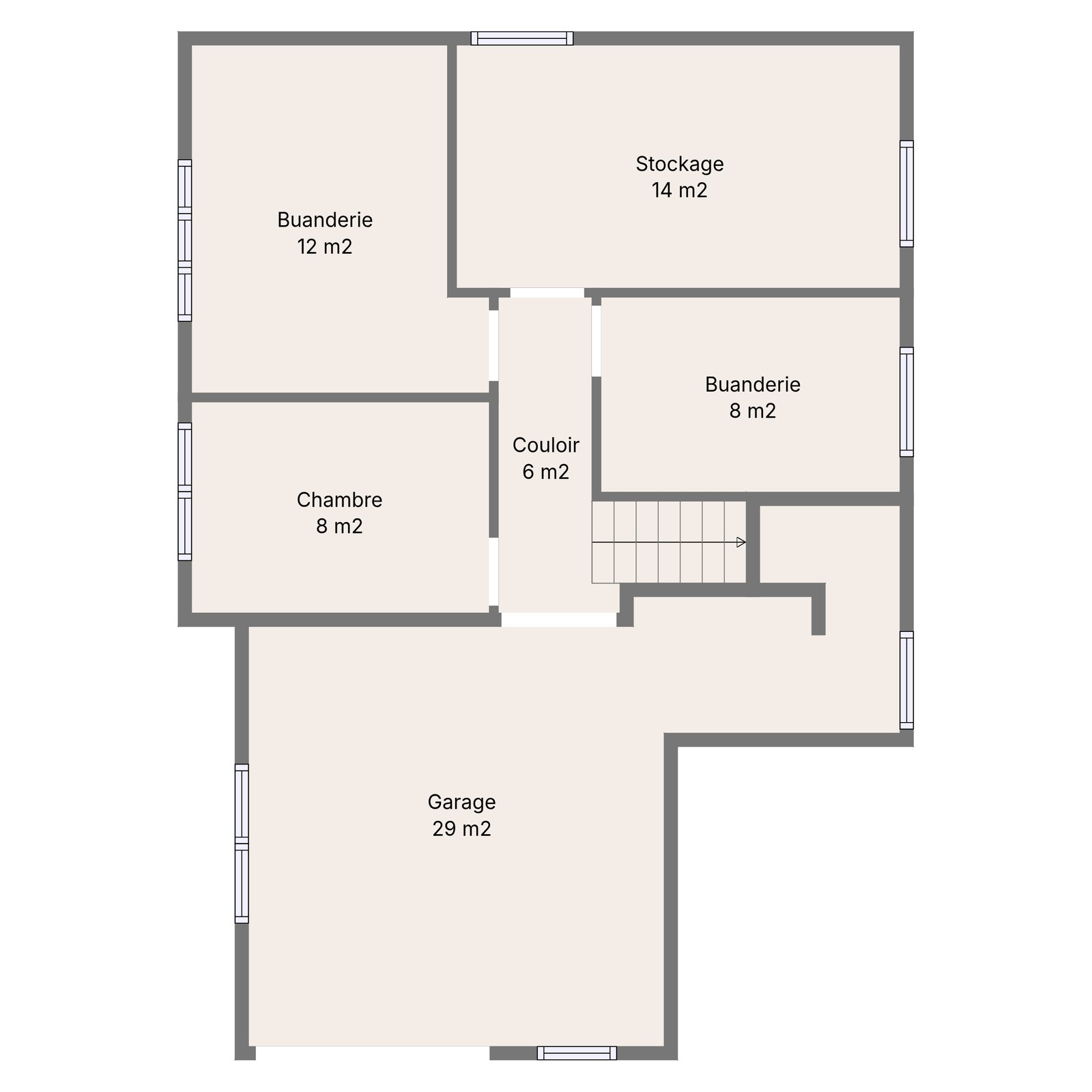 Plan du rez : garage, stockage, deux buanderies, bureau et couloir.